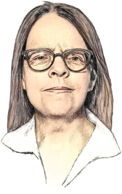 Portrait von Sylvia Johnigk: Bleistiftzeichnung vor durscheinendem Foto